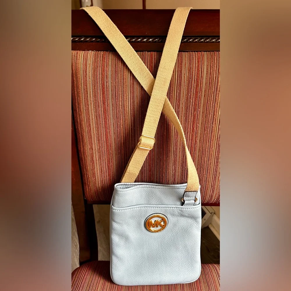 Michael Kors Fulton Crossbody Bag Pale Blue Pebbled Leather w/Gold MK Hardware
